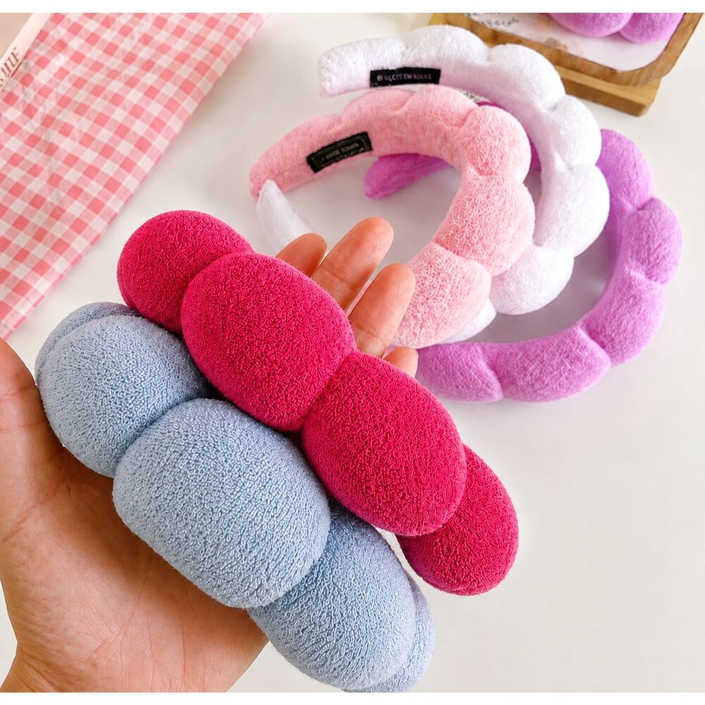 2 Pack Puffy Spa Headbands Rose Red Blue Terry Cloth Skincare Makeup Beauty NEW